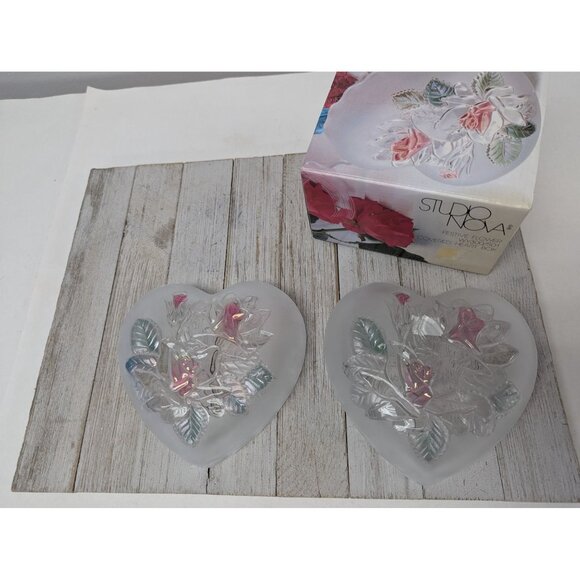 STUDIO NOVA Heart Shaped Trinket Box Dish Bowl 3D Emboss Glass Frosted Pink Rose - Picture 7 of 7